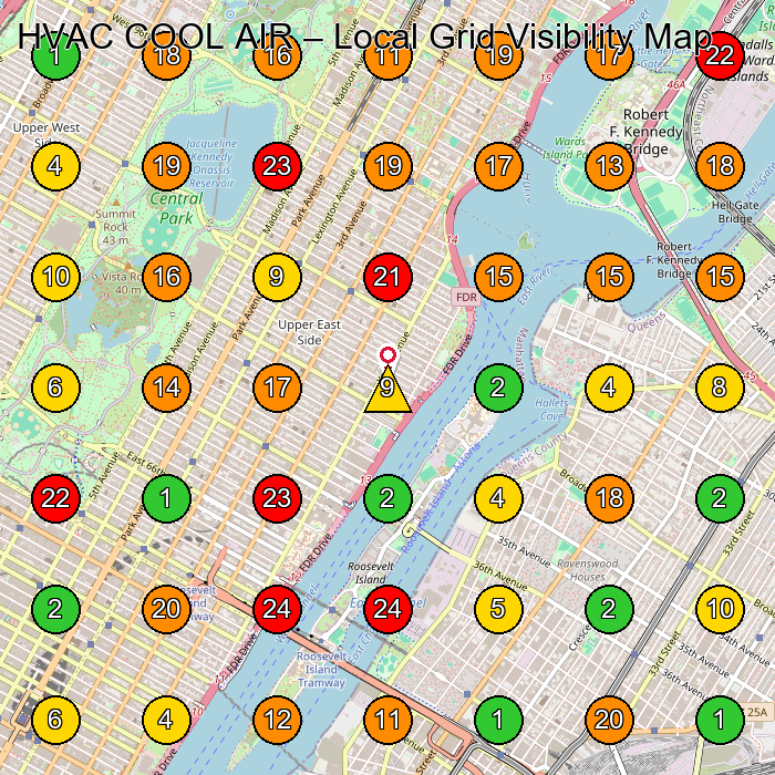 HVAC COOL AIR Air Conditioning Repair Service GeoGrid ranking map for New York NY